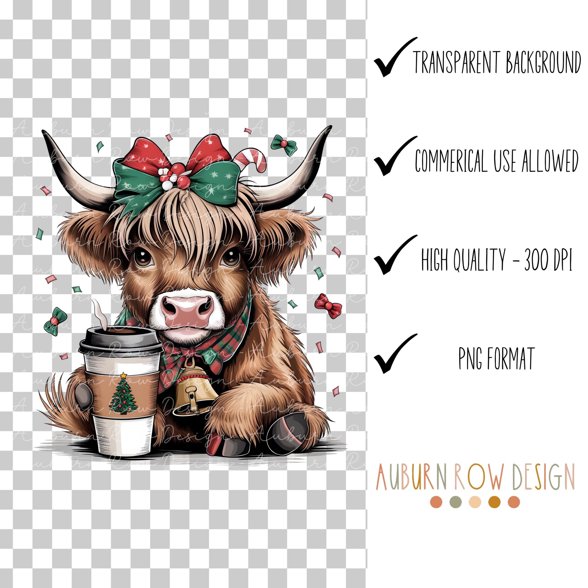 Highland Cow Christmas Clipart, Festive Holiday Calf with Coffee, PNG Transparent Background, Commercial Use, Instant Download