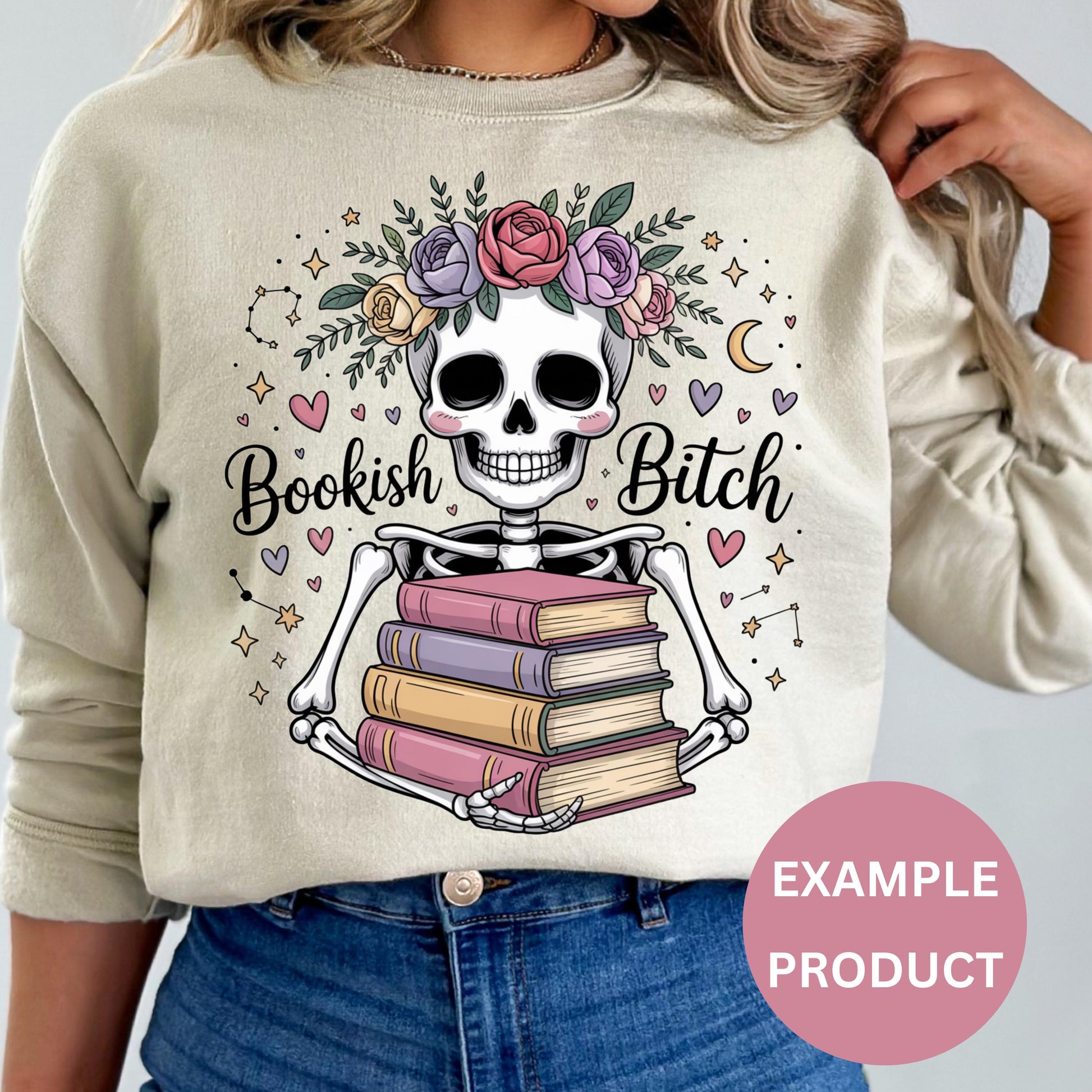Women's Book Lover Skull Sweatshirt, Floral Skull Graphic, Trendy Literary Crewneck Pullover, Bookish Bitch Design