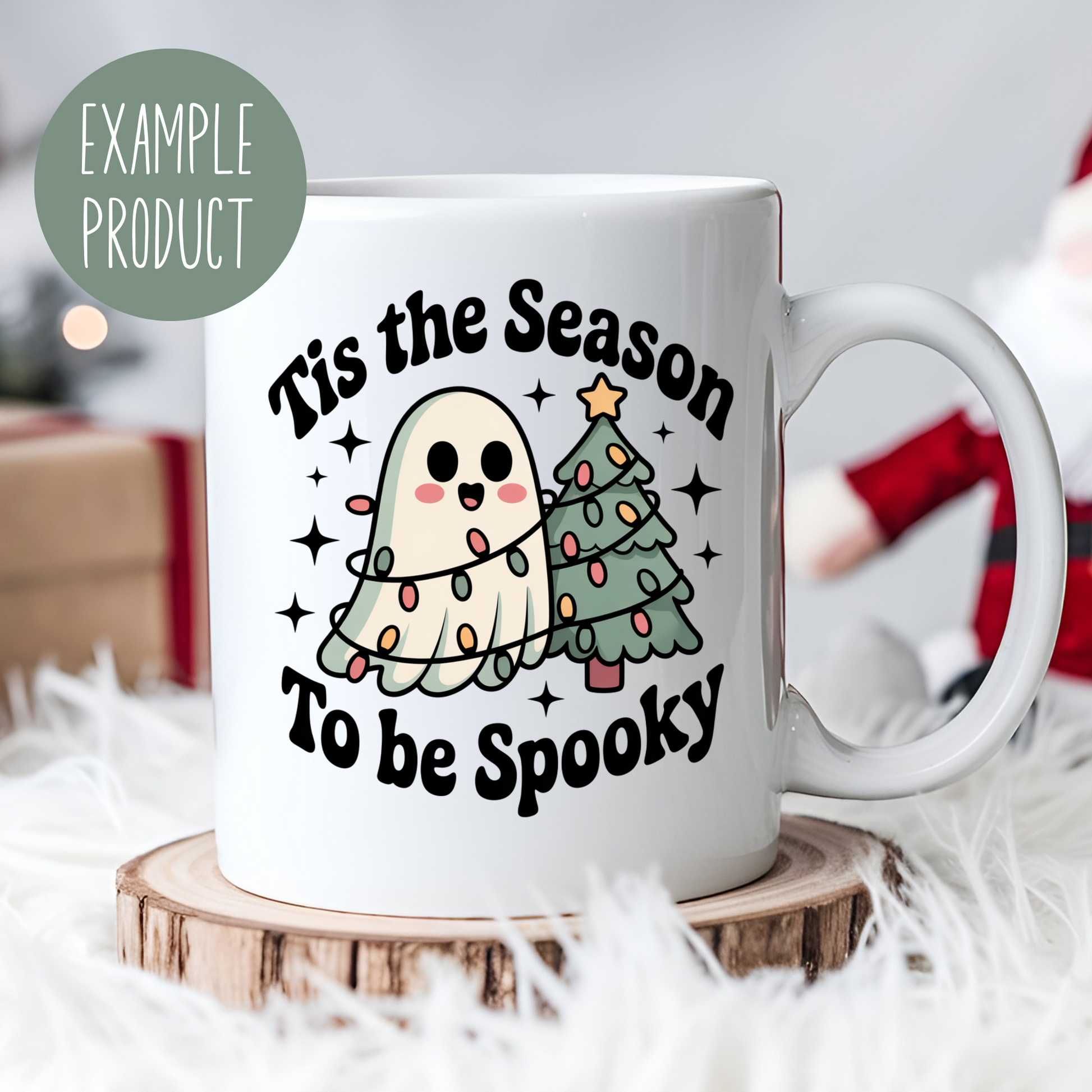 Christmas Coffee Mug, 'Tis the Season To Be Spooky, Cute Ghost and Tree Design, Holiday Gift Idea, White Ceramic Mug