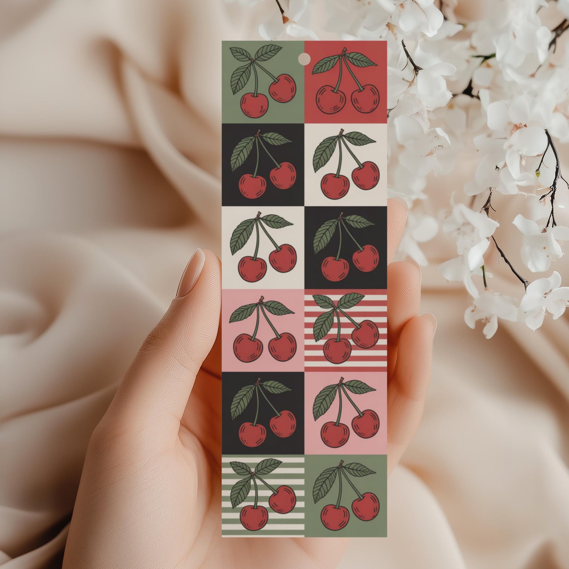 Cherry Pattern Bookmark, Vibrant Fruit Design, Red and Pink, Stripe and Solid Color Blocks, Gift for Readers
