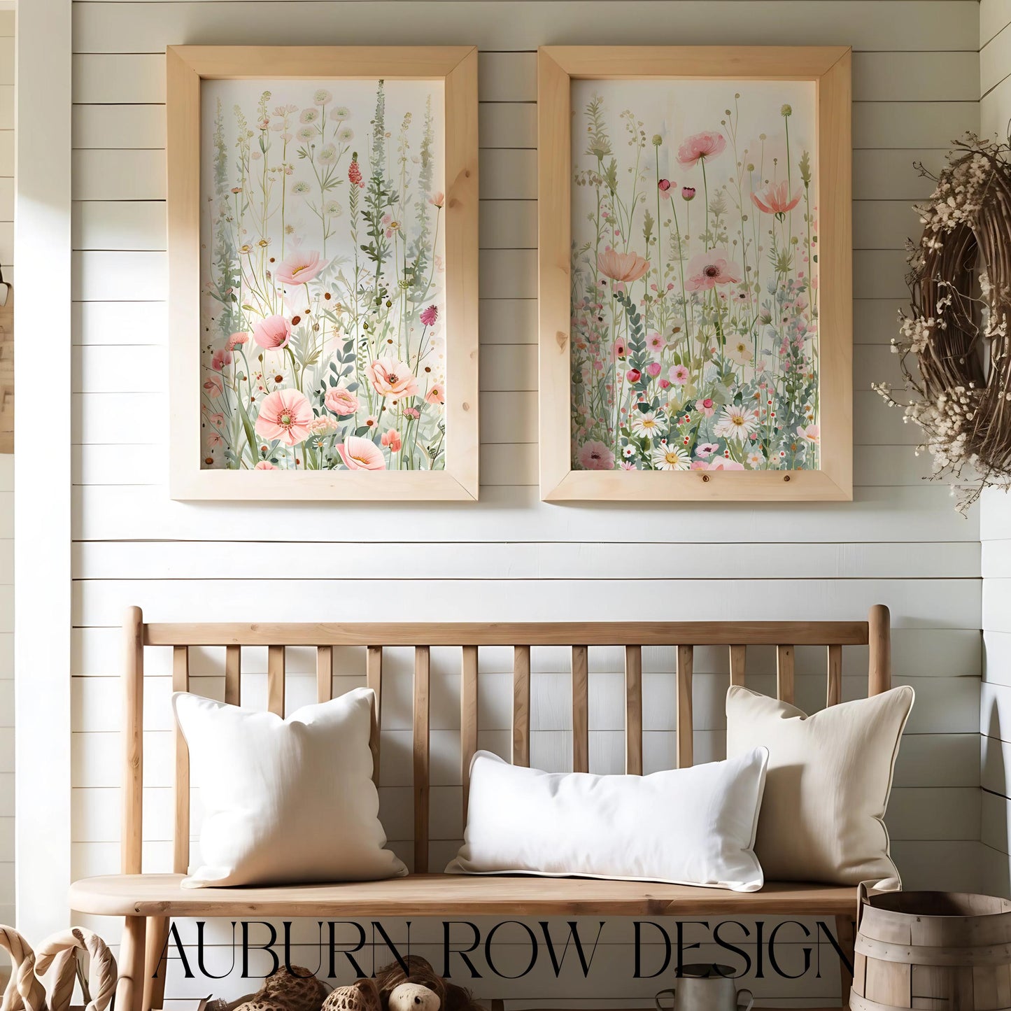 Botanical Wall Art Prints, Floral Meadow Paintings, Wooden Frames, Home Decor Set, Living Room Wall Gallery, Soft Pastel Colors