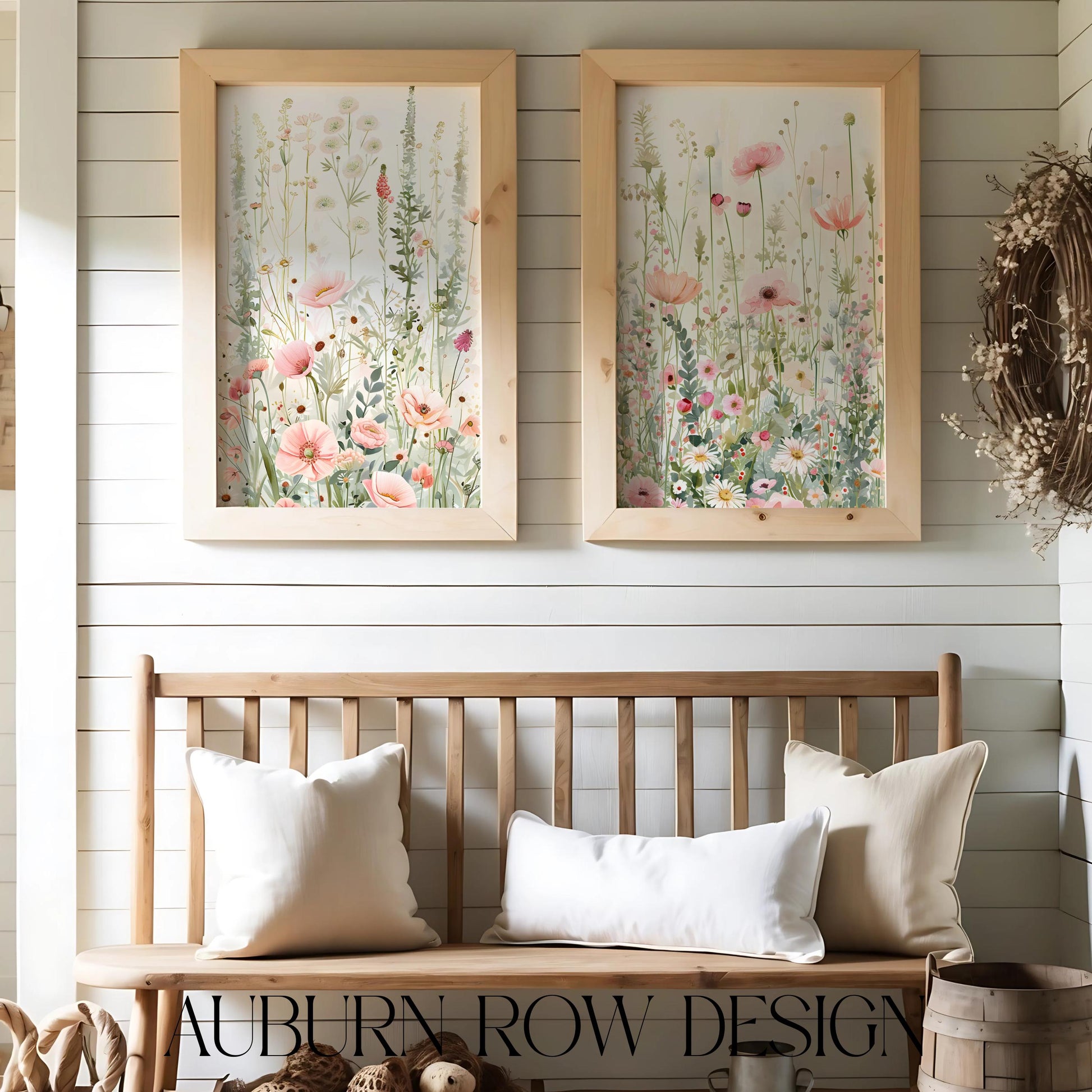 Botanical Wall Art Prints, Floral Meadow Paintings, Wooden Frames, Home Decor Set, Living Room Wall Gallery, Soft Pastel Colors