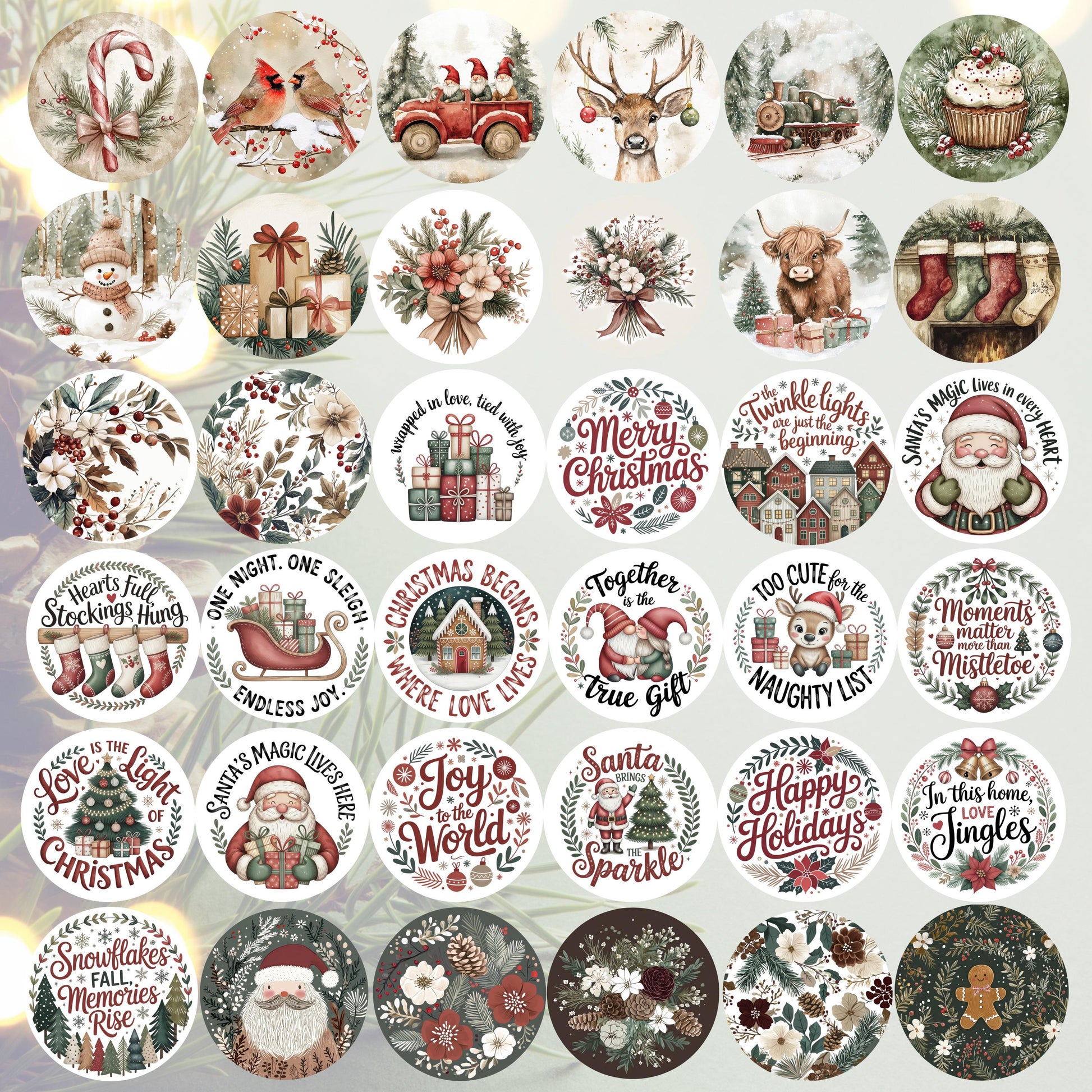 Vintage Christmas Sticker Pack, Holiday Watercolor Decals, Santa Reindeer Snowman, Festive Scrapbooking Supplies, Gift Wrapping Tags