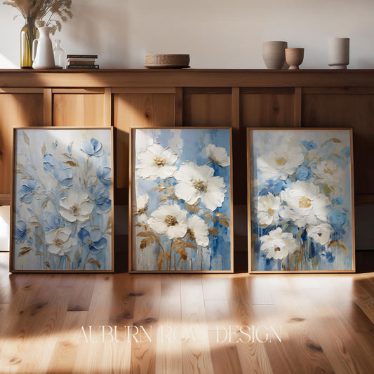 Large Floral Wall Art Triptych, Blue and White Flowers, Modern Home Decor, Canvas Print Set