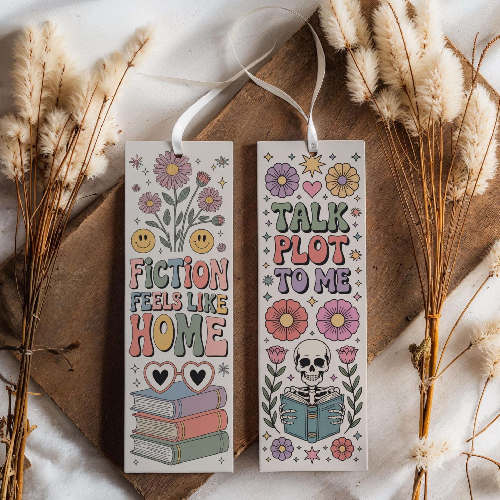 Floral and Skull Book Lover Bookmarks, Fiction Feels Like Home, Talk Plot To Me, Unique Gift for Readers, Set of 2