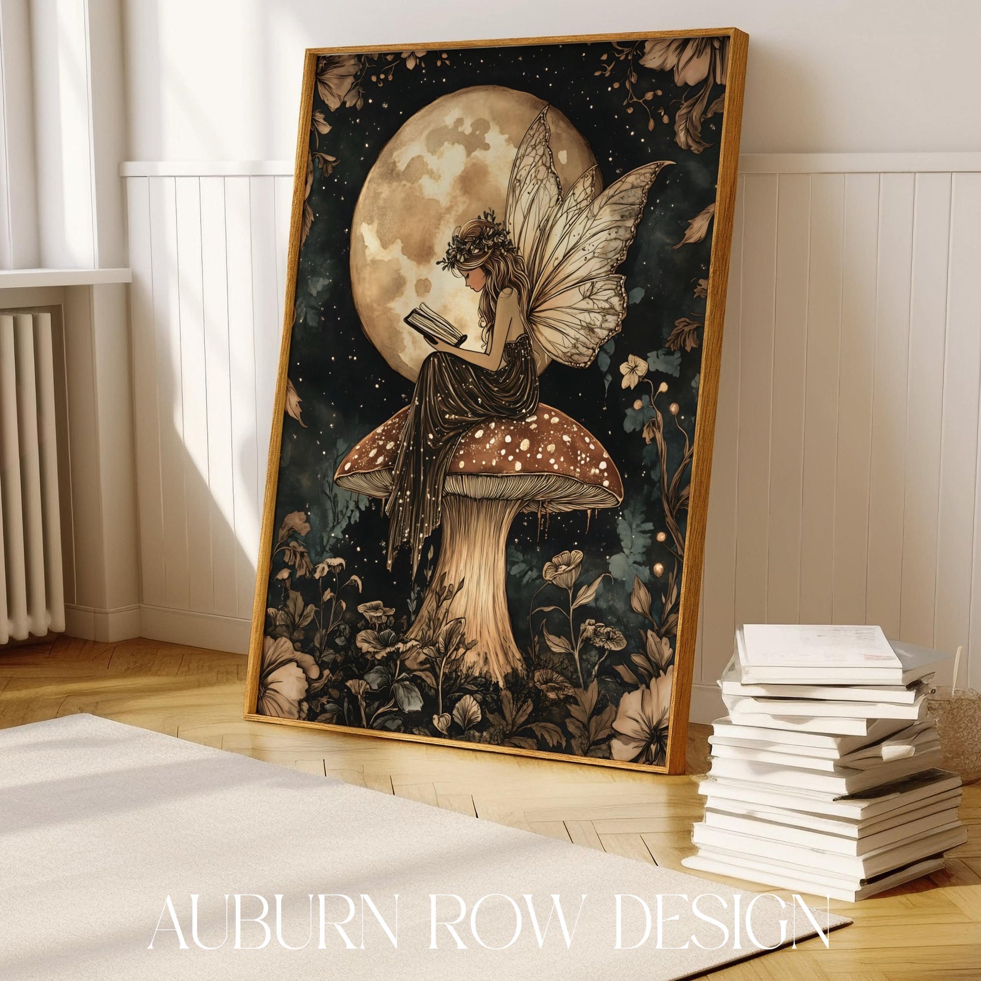 Enchanted Fairy and Mushroom Art Poster, Vintage Style Fantasy Illustration, Moonlit Garden Wall Decor, Mystical Home Decoration