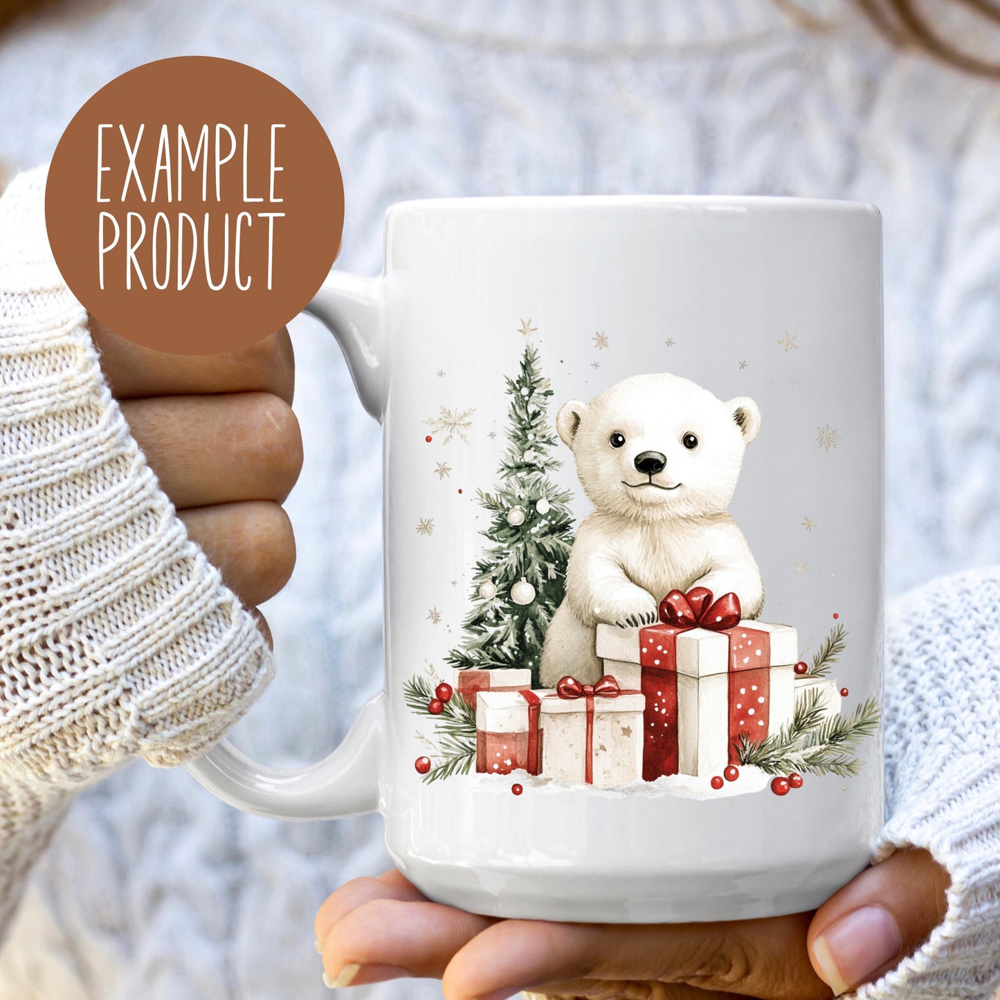 Winter Holiday Coffee Mug, Cute Polar Bear with Gifts, Christmas Tree, Ceramic Cup
