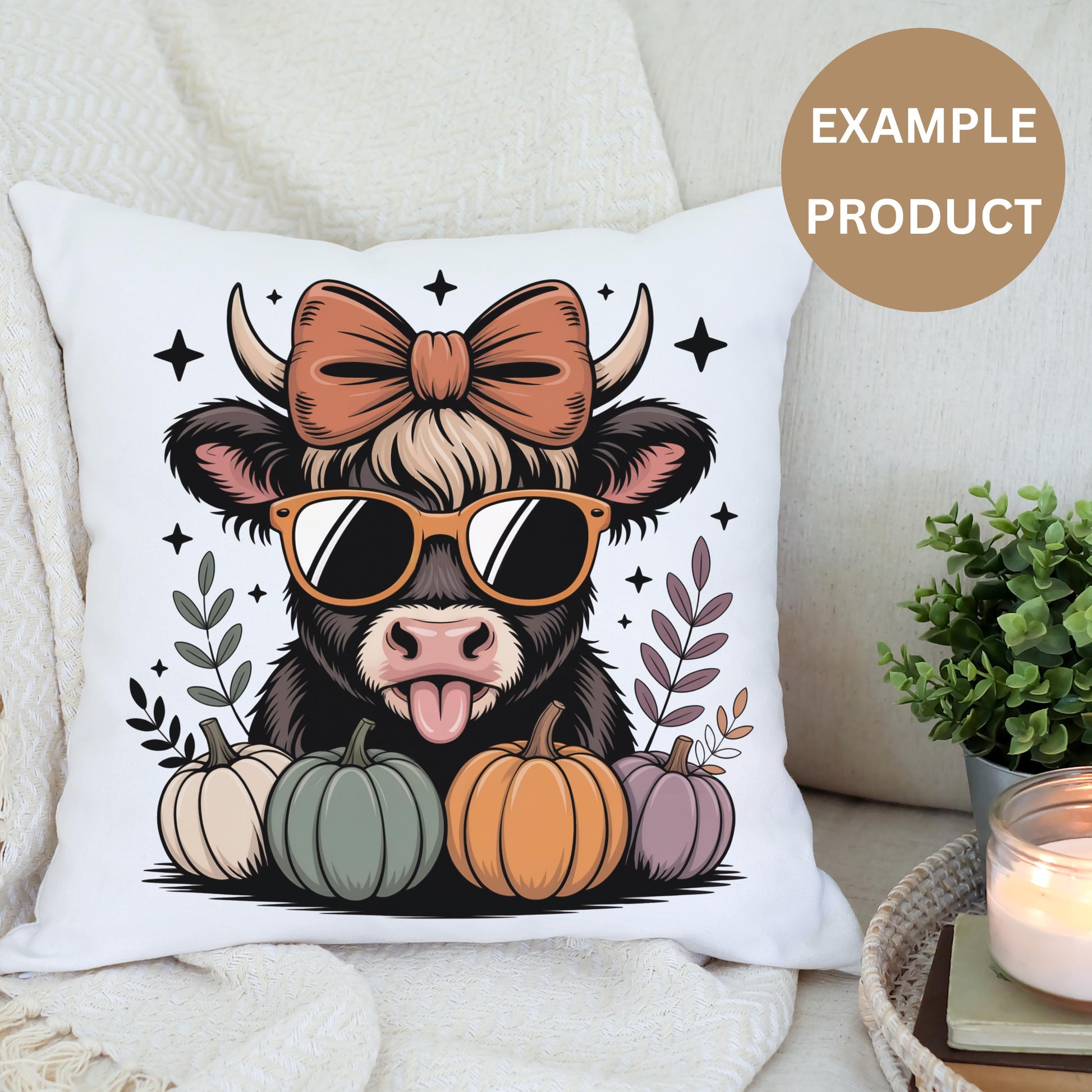 Cute Cow with Glasses and Pumpkins Pillow Cover, Farmhouse Decor, Autumn Throw Pillow, Decorative Cushion for Sofa