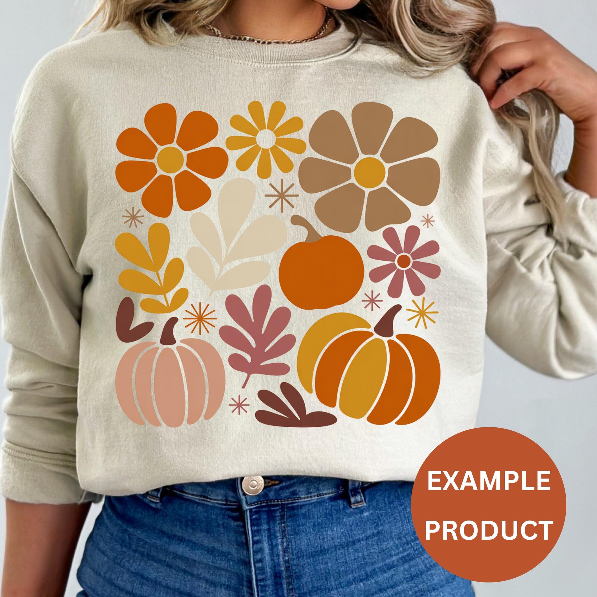 Women's Autumn Floral Sweatshirt, Cozy Fall Pumpkin and Flower Print Pullover, Trendy Seasonal Top