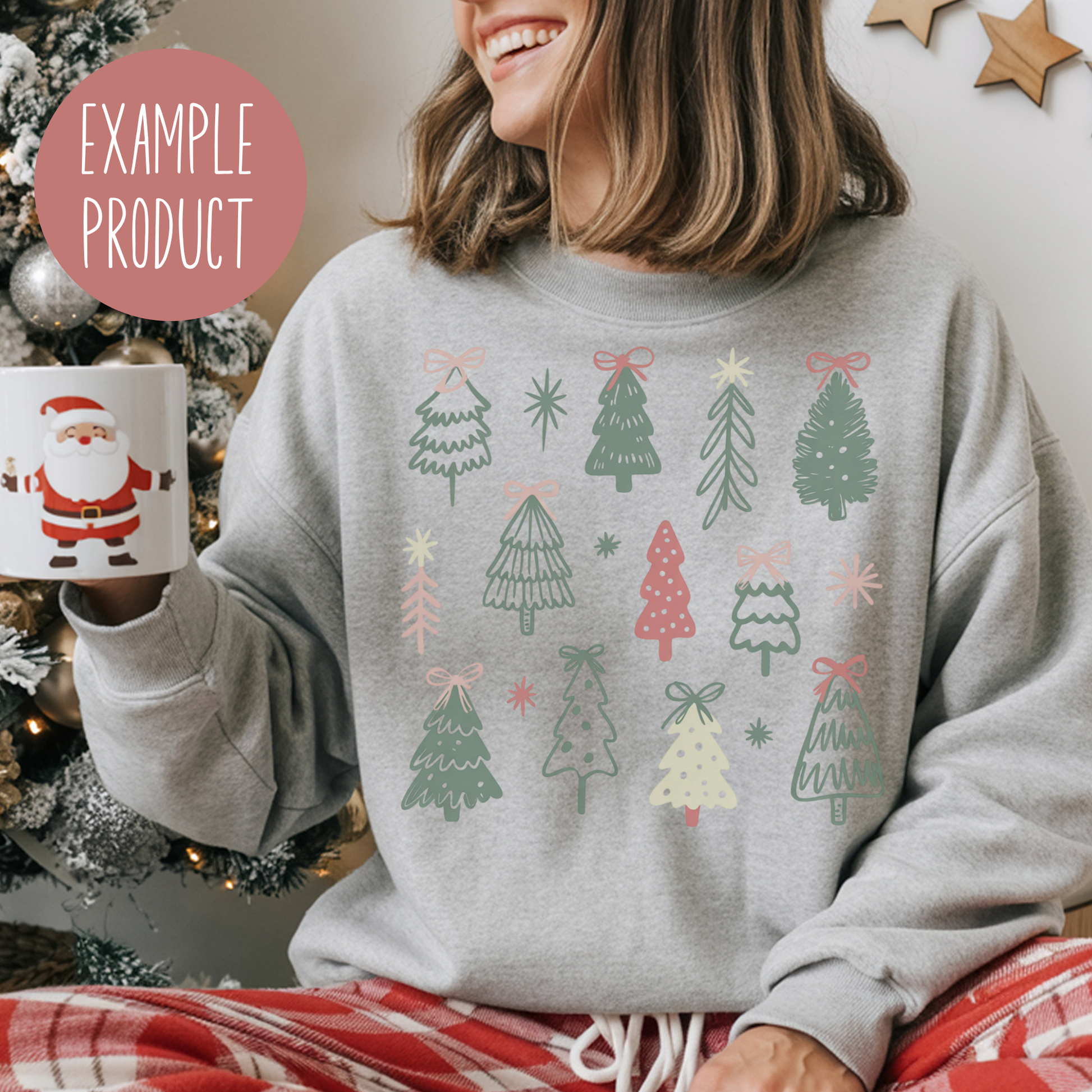 Women's Christmas Sweatshirt, Grey Holiday Pullover, Festive Tree Print, Cozy Winter Apparel