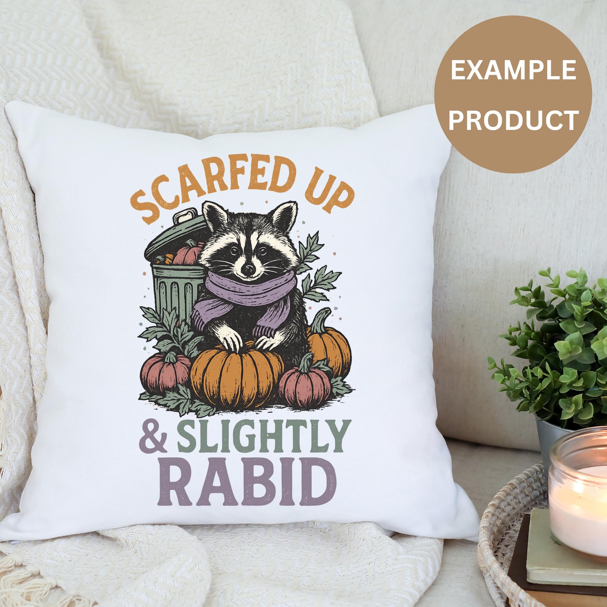 Autumn Raccoon Pillow, Scarfed Up and Slightly Rabid, Cute Fall Home Decor, Decorative Throw Pillow for Sofa, Unique Wildlife Art Cushion