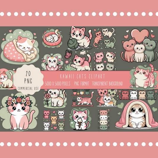Kawaii Cats Clipart Set, Cute Cartoon Cats, Digital Download, Scrapbooking, Commercial Use, Cat Stickers, Planner Graphics, PNG Files