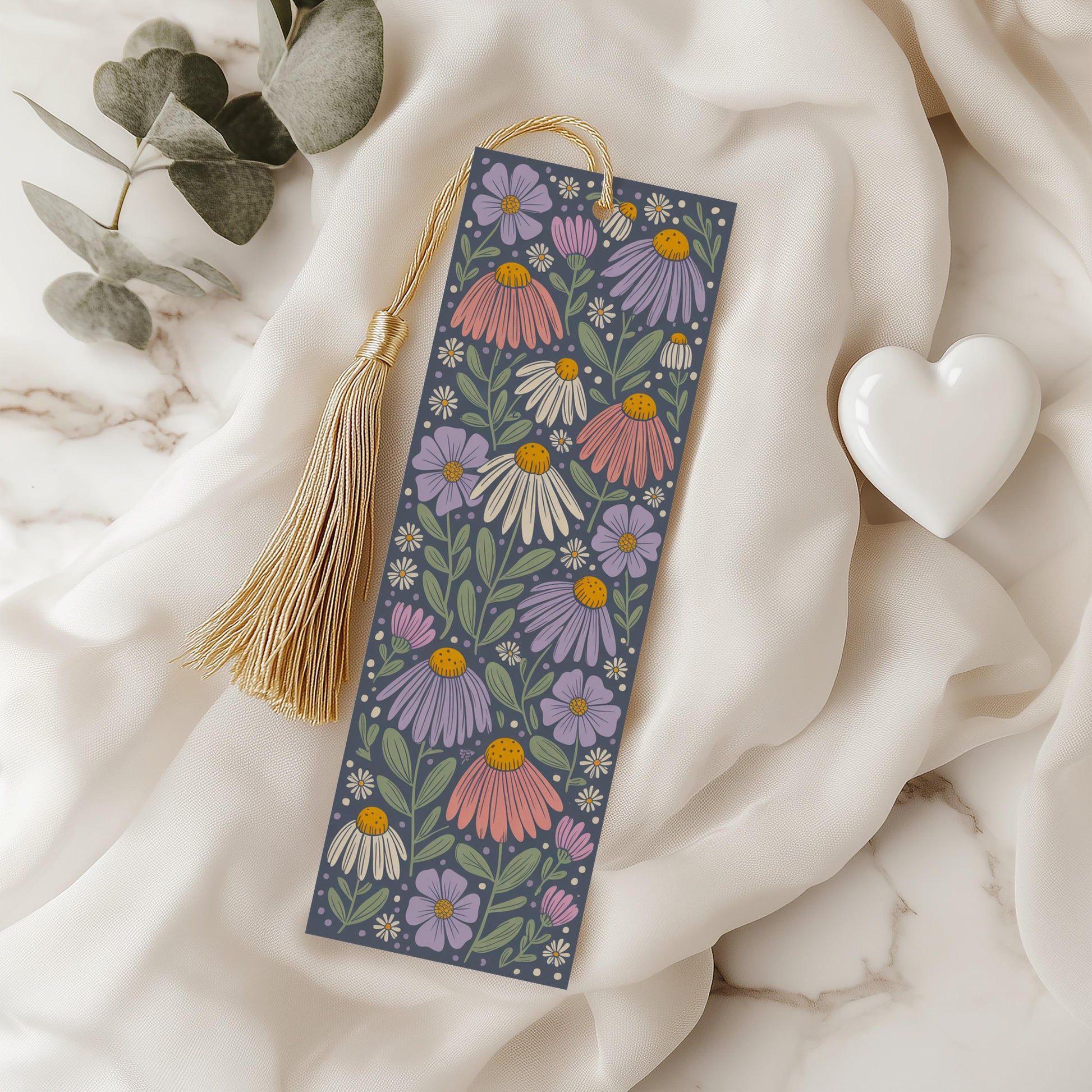 Floral Bookmark with Tassel, Purple and Yellow Daisies Design, Elegant Paperclip, Gift for Readers, Spring Flowers Motif
