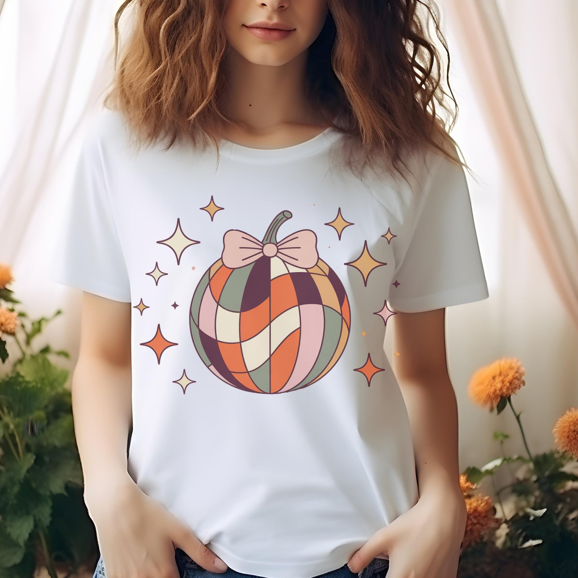 Women's White T-Shirt with Colorful Ornament Print, Casual Graphic Tee, Sparkling Stars Design