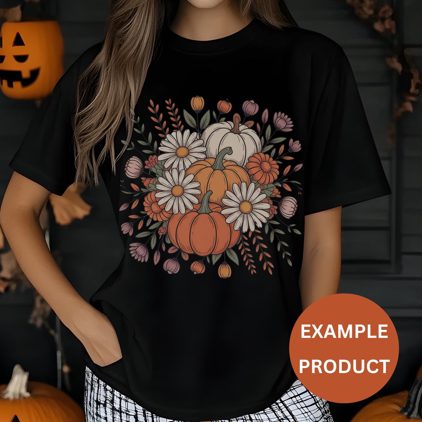 Autumn Pumpkin Floral T-Shirt, Women’s Fall Fashion Tee, Thanksgiving Graphic Shirt, Black Cotton Top