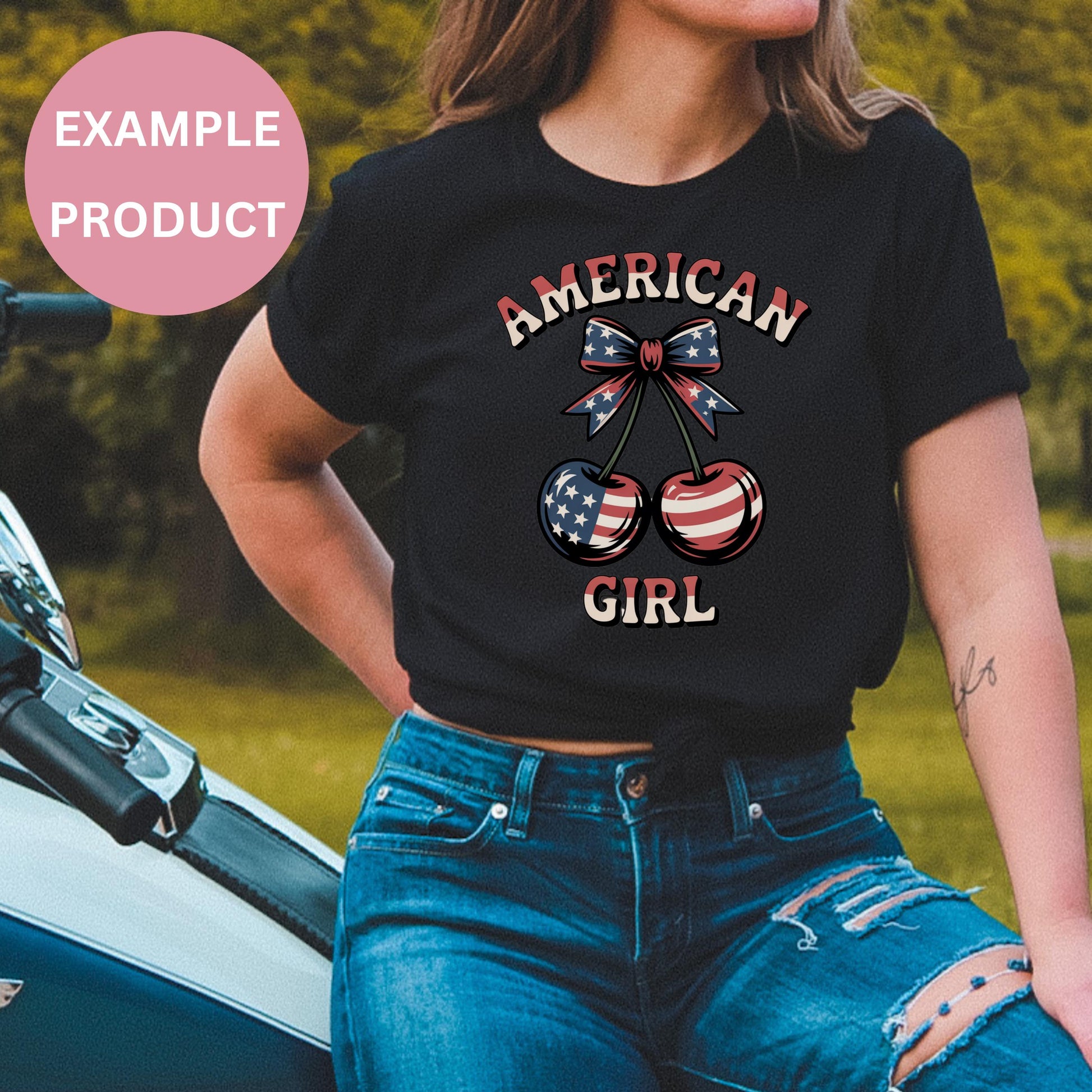 American Girl Patriotic T-Shirt, USA Flag Cherries Graphic Tee, 4th of July Women's Top, Casual Summer Outfit