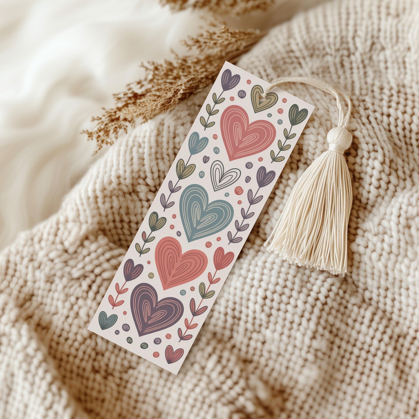 Colorful Heart Pattern Bookmark, Handmade Paper Bookmark with Tassel, Floral and Hearts Design, Unique Gift Idea for Book Lovers