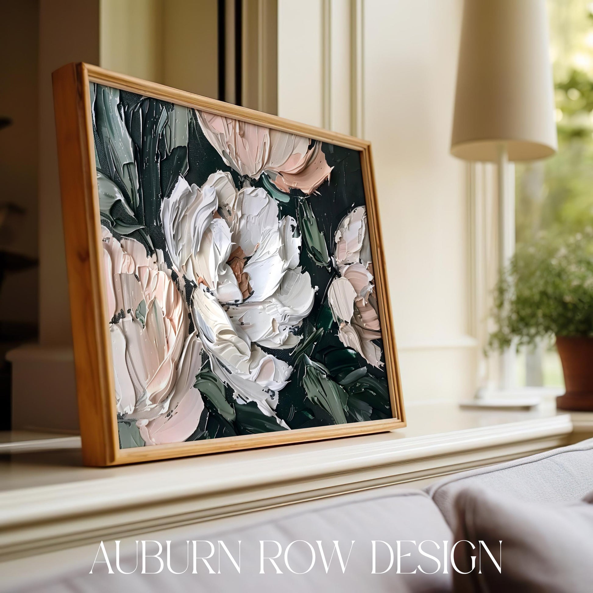 Modern Abstract Floral Painting, Textured Wall Art, Pink Green Decor, Framed Canvas, Home Interior Design