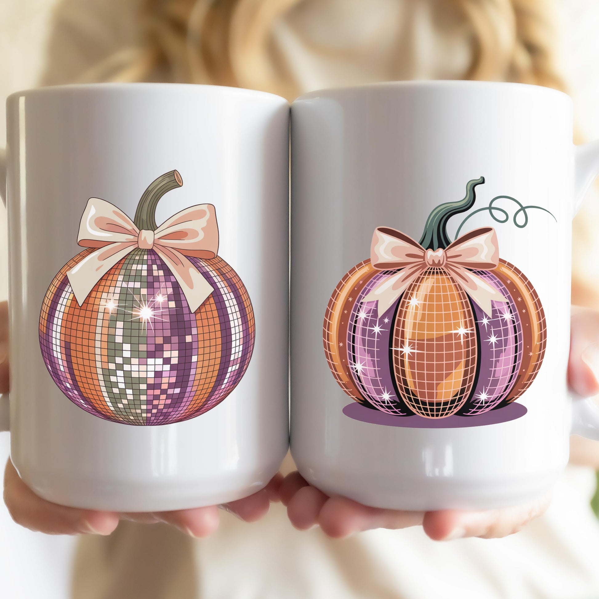 Fall Pumpkin Coffee Mugs, Autumn Disco Ball Design, Thanksgiving Kitchen Decor, Set of Two Ceramic Mugs