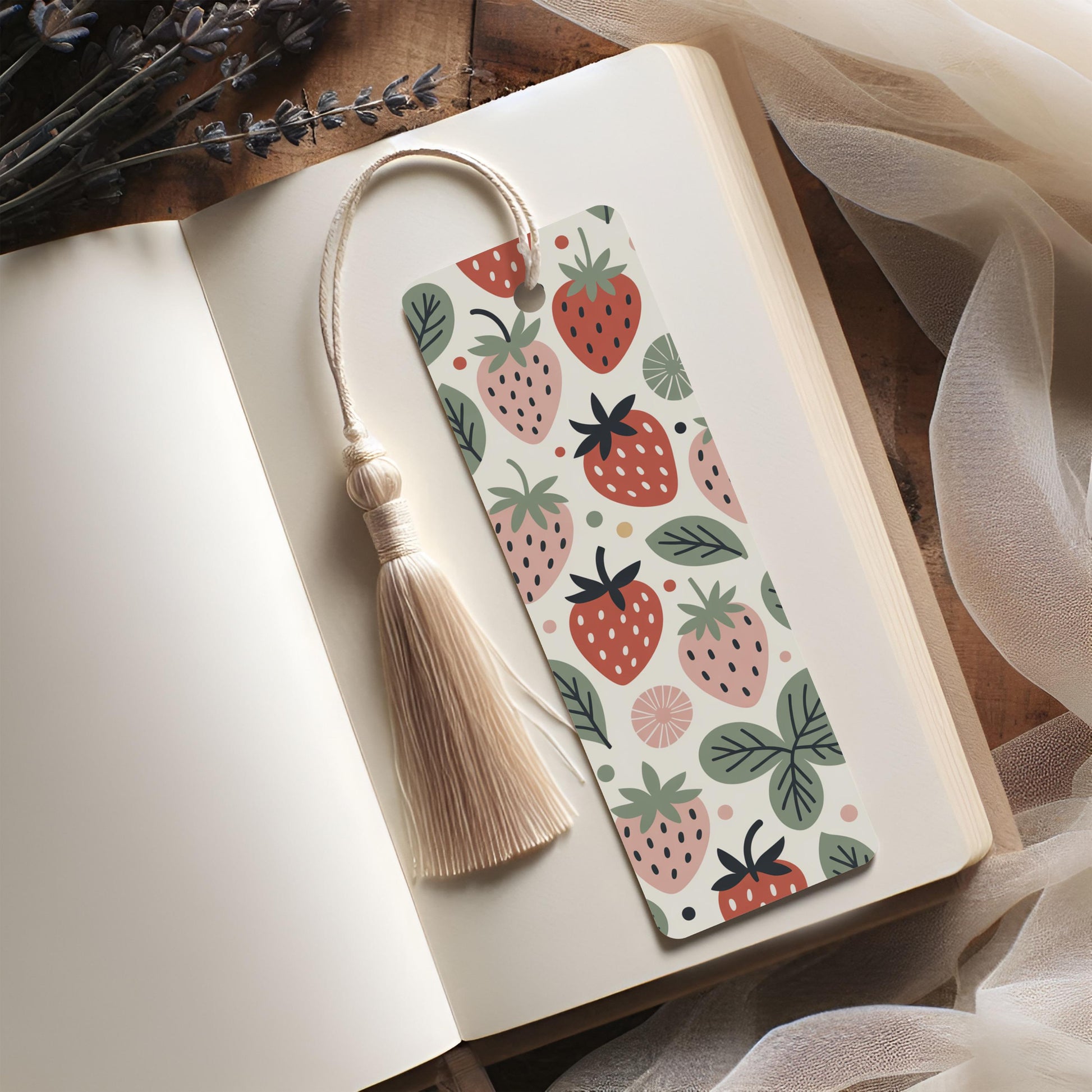Strawberry and Leaf Pattern Bookmark, Unique Reading Accessory