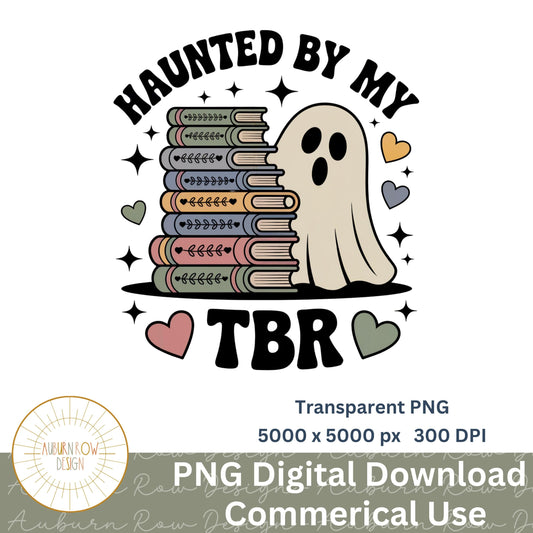 Haunted By My TBR Ghost and Books Digital Art, Cute Ghost Reading, Halloween Clipart, Book Lover PNG, Transparent Background, Commercial Use