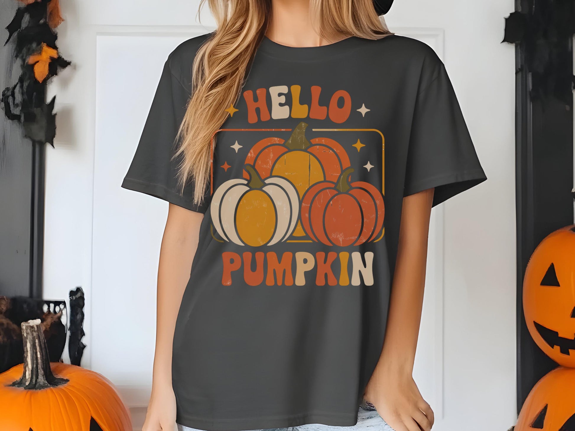 Hello Pumpkin Fall T-shirt, Autumn Orange Pumpkins Graphic Tee, Halloween Casual Top, Seasonal Apparel