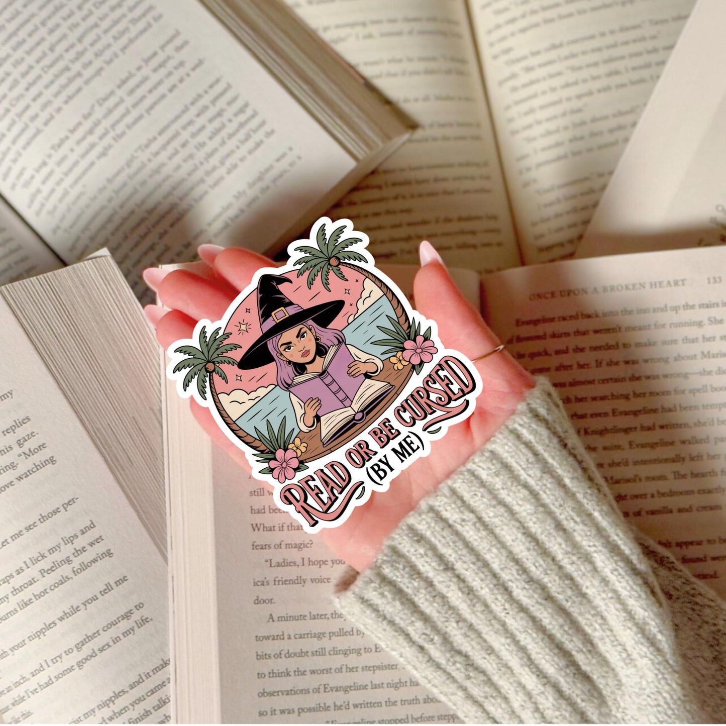 Witchy Book Lover Sticker, Read or Be Cursed Vinyl Decal, Pink Palm Tree, Laptop and Journal Accessory, Cute Magical Gift Idea