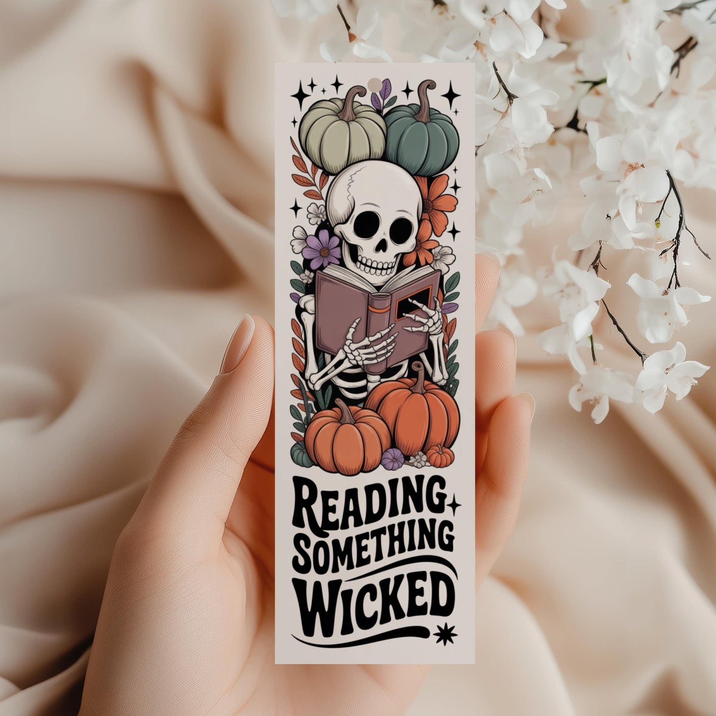 Gothic Skeleton Bookmark, Reading Something Wicked, Pumpkin and Floral Design, Halloween Reading Accessory, Book Lover Gift