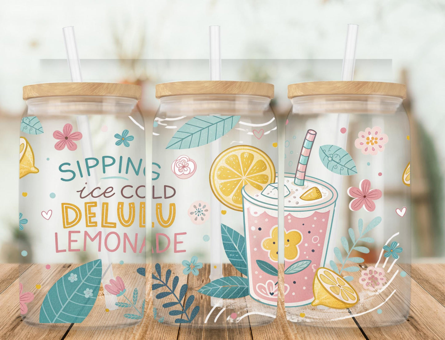 Reusable Insulated Tumblers with Straw, Ice Cold Lemonade Design, Floral Summer Drinkware Set