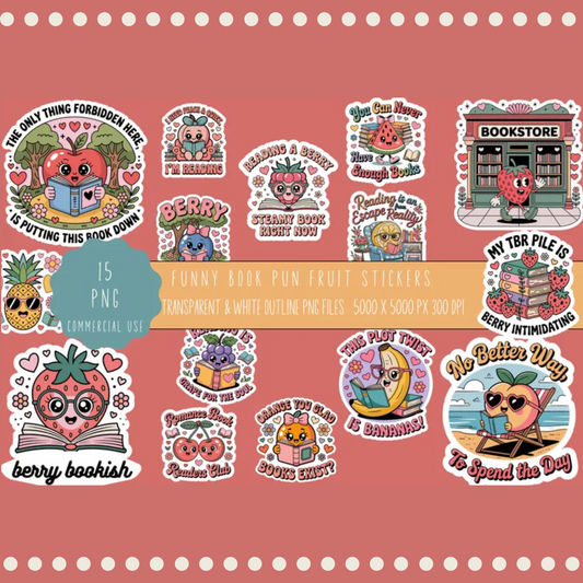 Cute Book Lover Stickers, Berry Bookish Fun, Library and Reading Themed, Colorful Waterproof Decals, Set of 12