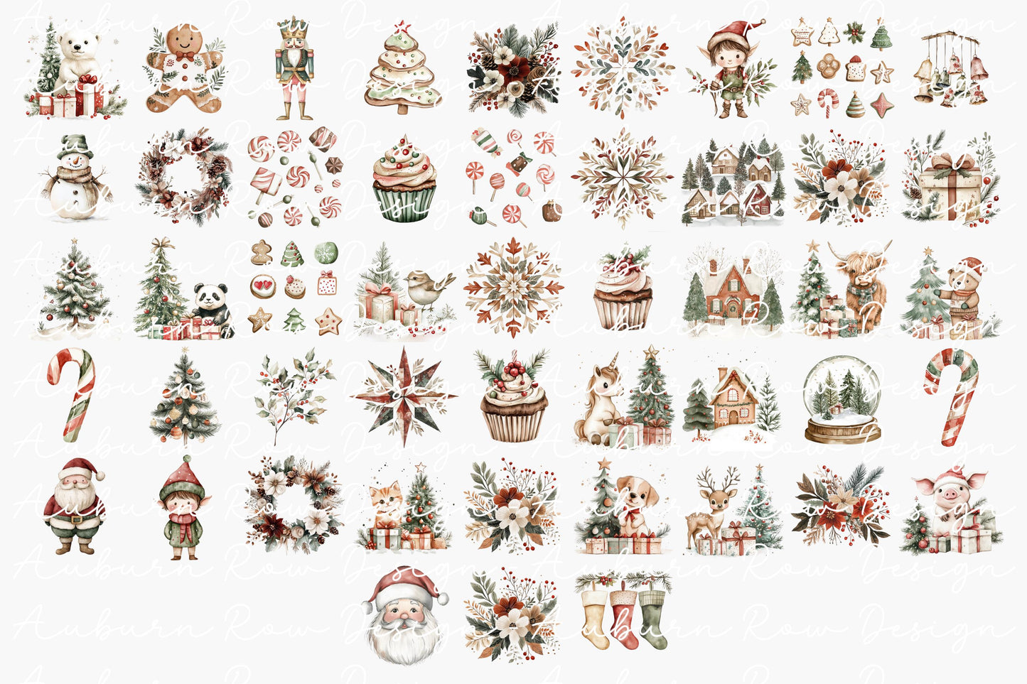 Vintage Christmas Clipart Collection, Watercolor Holiday Graphics, Santa, Reindeer, Trees, Snowflakes, Festive Digital Download