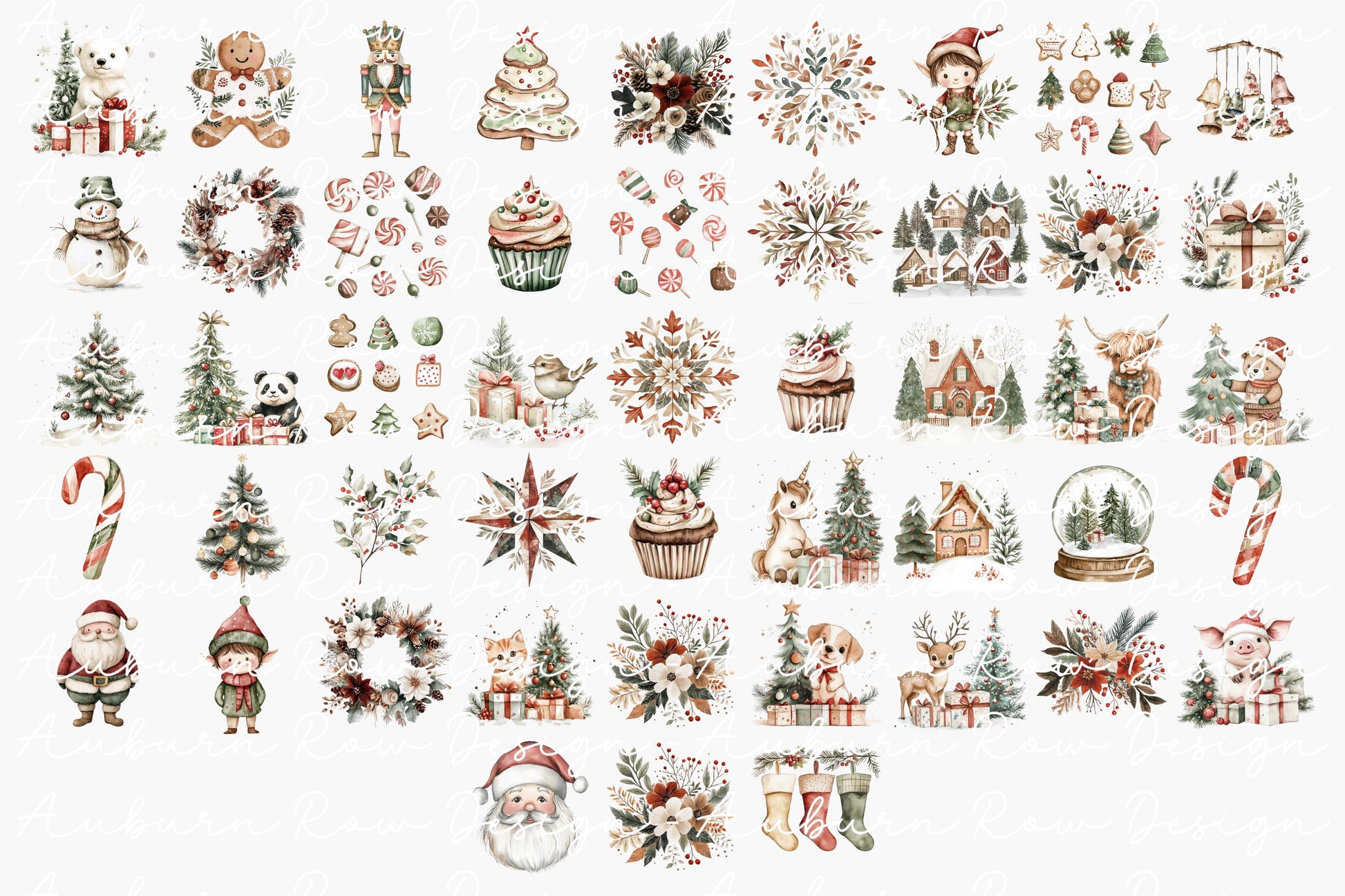 Vintage Christmas Clipart Collection, Watercolor Holiday Graphics, Santa, Reindeer, Trees, Snowflakes, Festive Digital Download