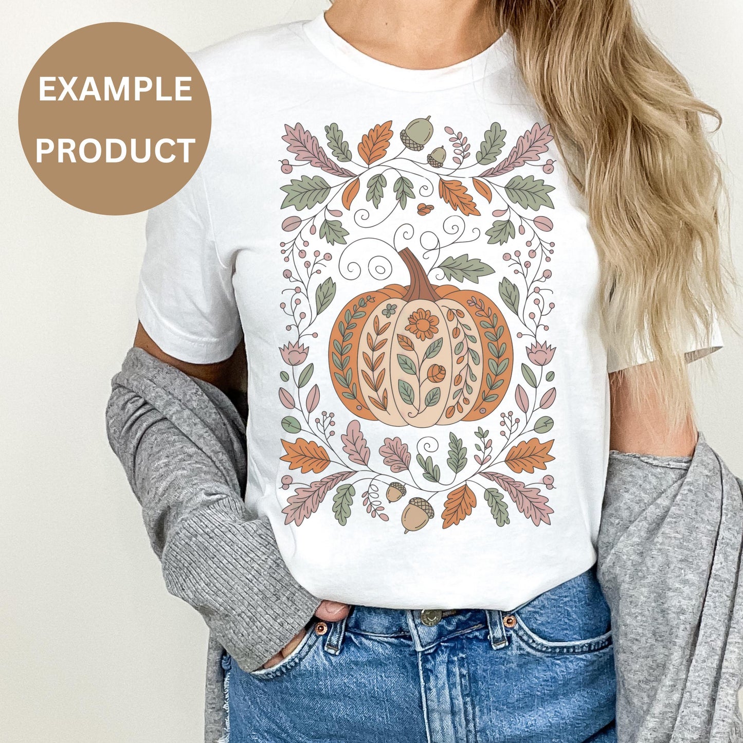 Autumn Pumpkin T-Shirt, Floral Graphic Tee, Women's Fall Fashion Top, Casual Long Sleeve Shirt