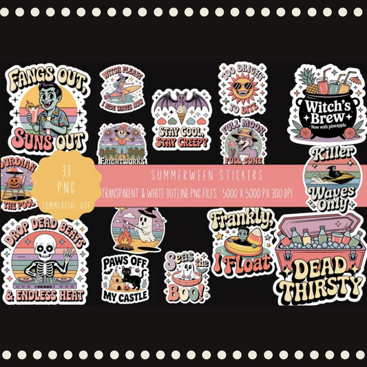 Spooky Summerween Sticker Pack, Witch, Monster, Creepy Cute, Waterproof Vinyl, Planner Decor, Halloween Party Favors, Gift for Teens