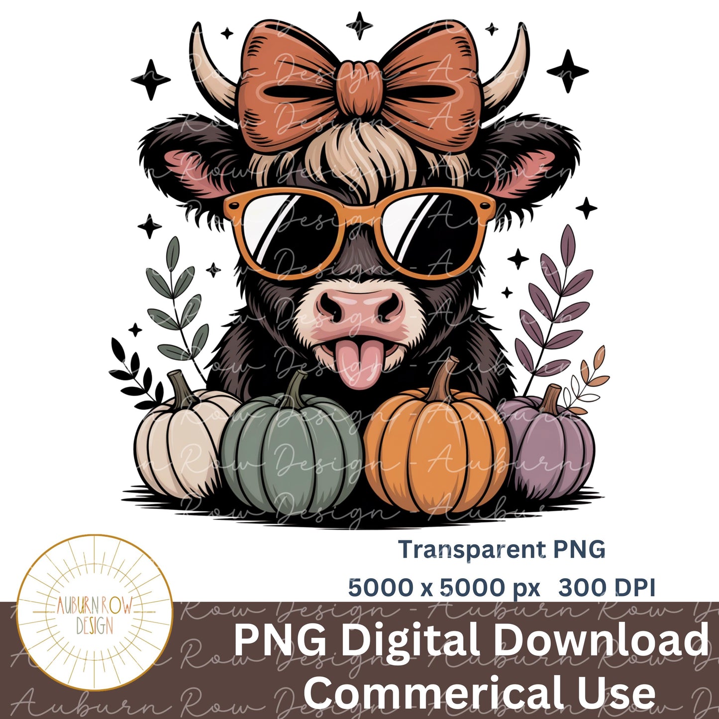 Cute Highland Cow with Sunglasses and Pumpkins Digital Art, Fall Decor PNG Download