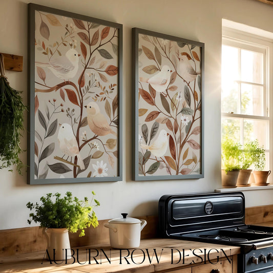 Botanical Bird Wall Art Prints, Neutral Color Home Decor, Modern Minimalist Poster Set, Living Room Aesthetic