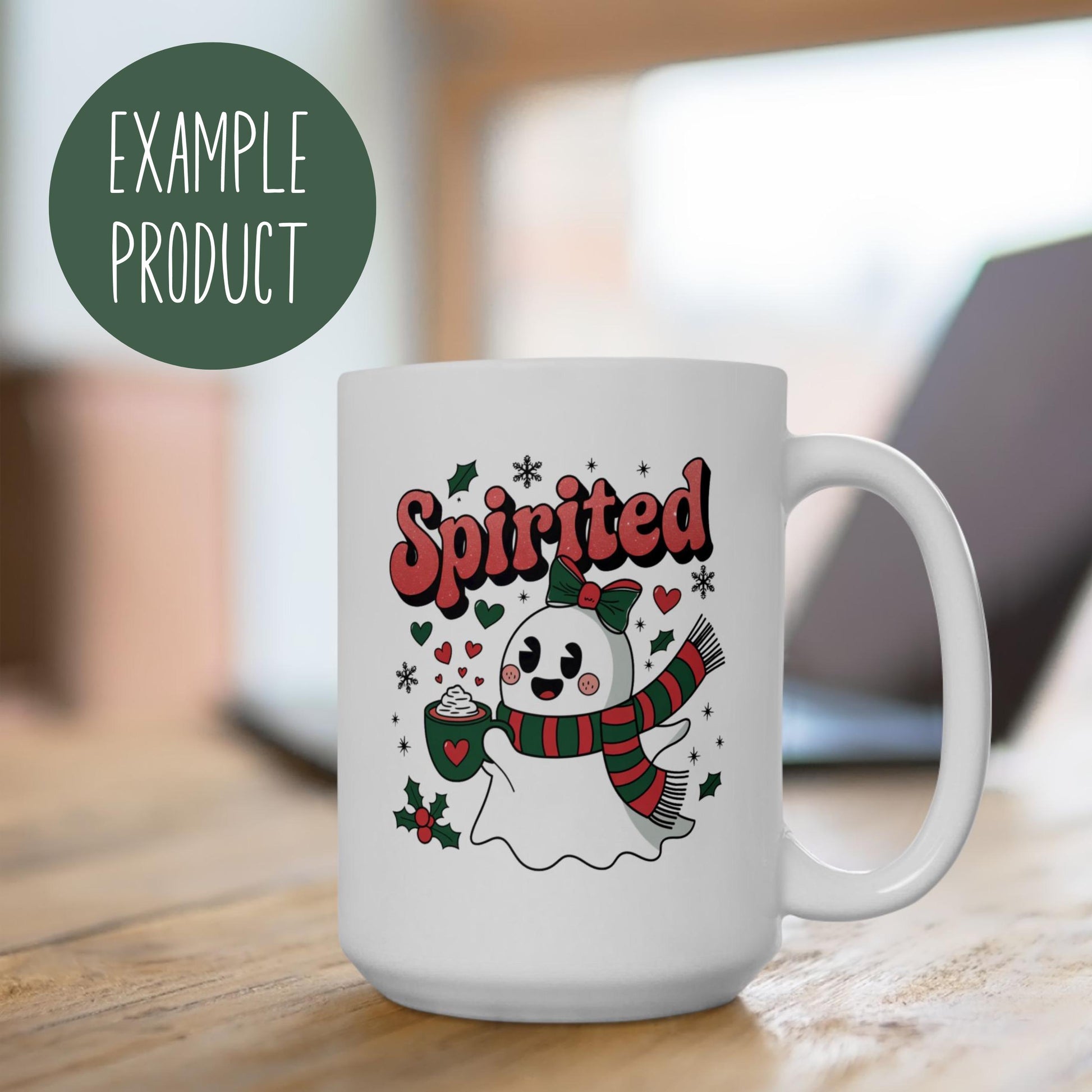 Spirited Christmas Ghost Mug, Holiday Coffee Cup, Cute Winter Ghost with Hot Chocolate, Festive Office Gift