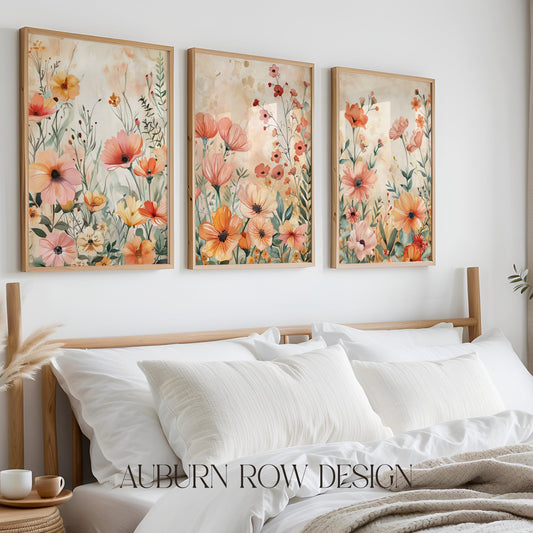 Botanical Wall Art Prints, Floral Bedroom Decor, Large Flower Canvas Triptych, Colorful Nature Illustrations for Home