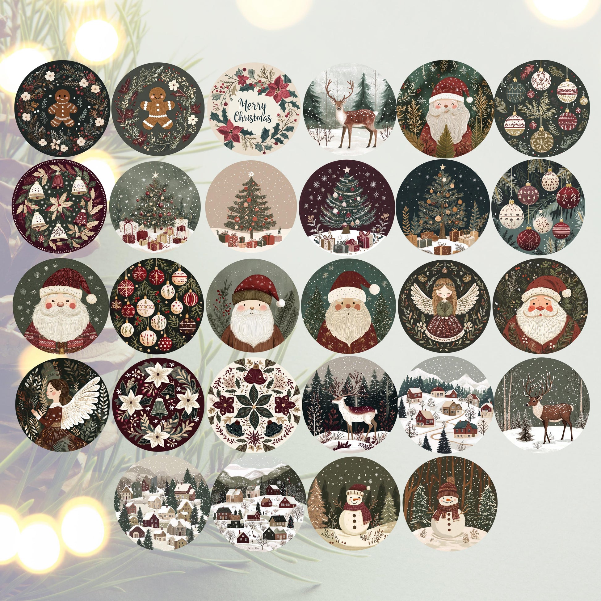 Festive Christmas Button Set with Vintage Santa, Snowman, Reindeer, and Winter Scenes, Holiday Craft Supplies, Pack of 24