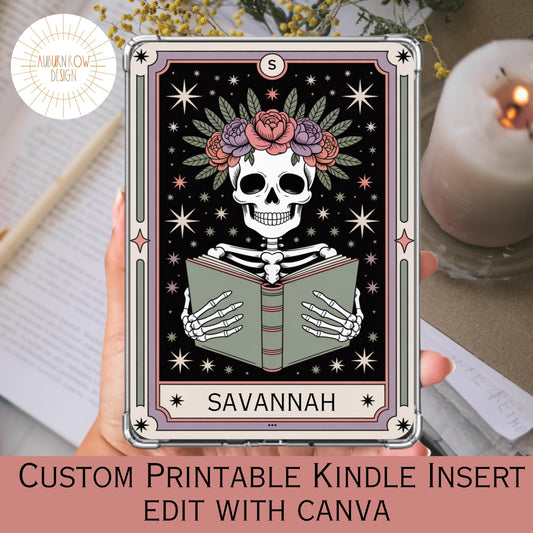 Custom Printable Kindle Insert, Savannah Skull and Roses Design, Tarot Card Style, Editable with Canva