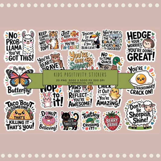 Motivational Stickers Set, Cute Animals and Positive Quotes, Vinyl Decal for Kids and Adults, Fun Pack of 20 Stickers