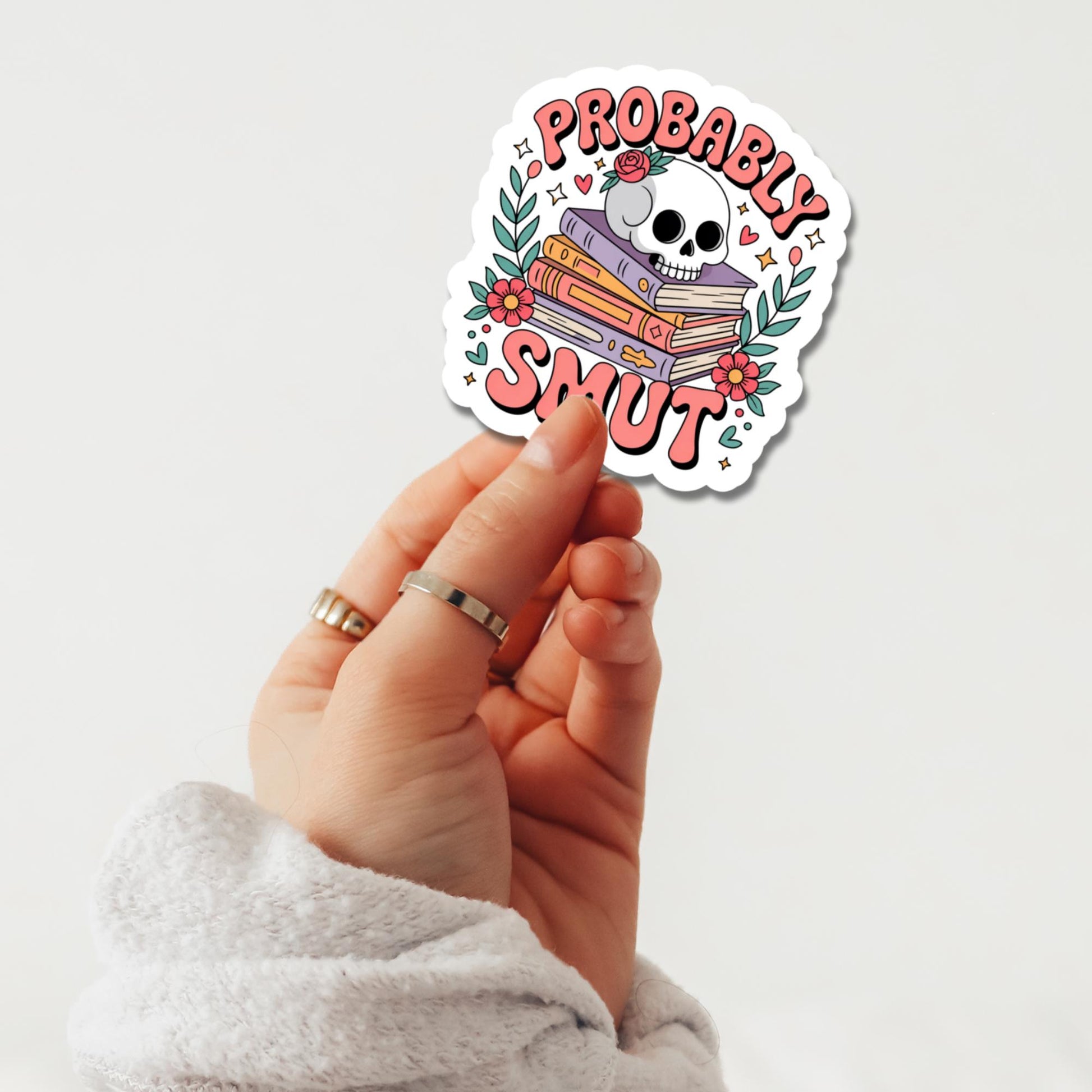 Probably Smut Book Stack Sticker, Floral Skull Vinyl Decal, Laptop and Water Bottle Decoration, Quirky Waterproof Sticker for Readers