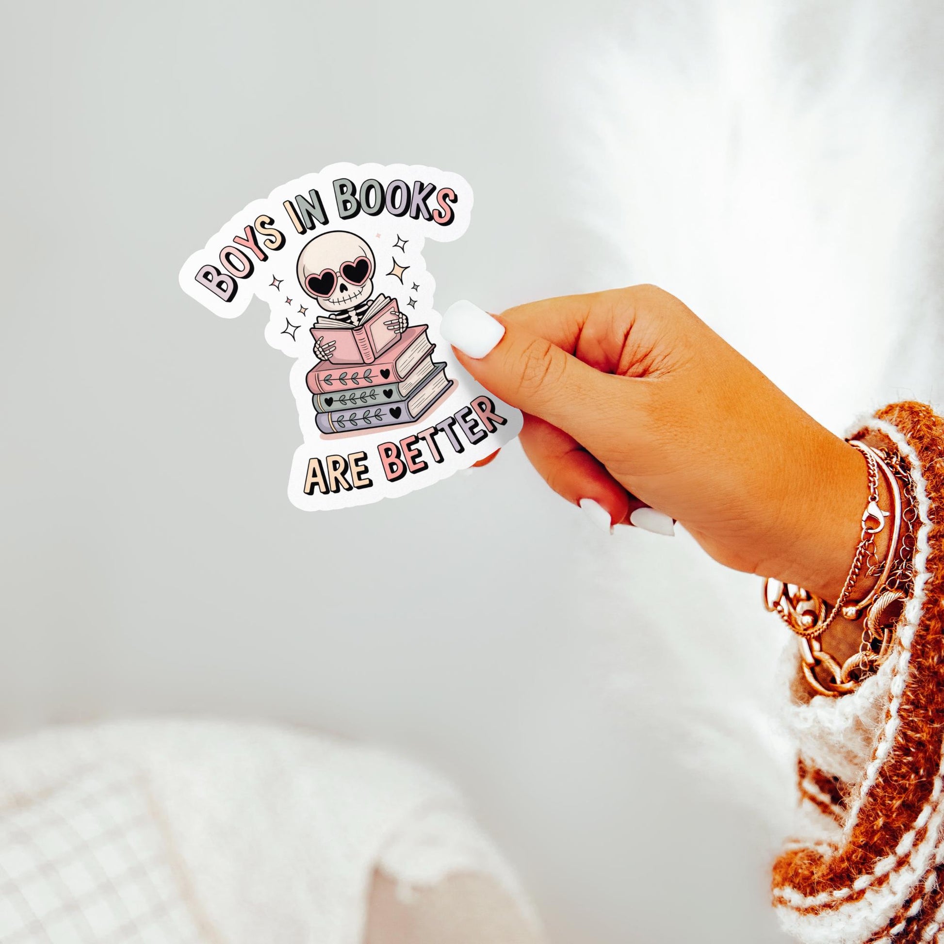 Boys in Books Are Better Sticker, Cute Skeleton Reading, Book Lover Gift, Waterproof Vinyl Decal, Laptop Sticker, Feminist.quote
