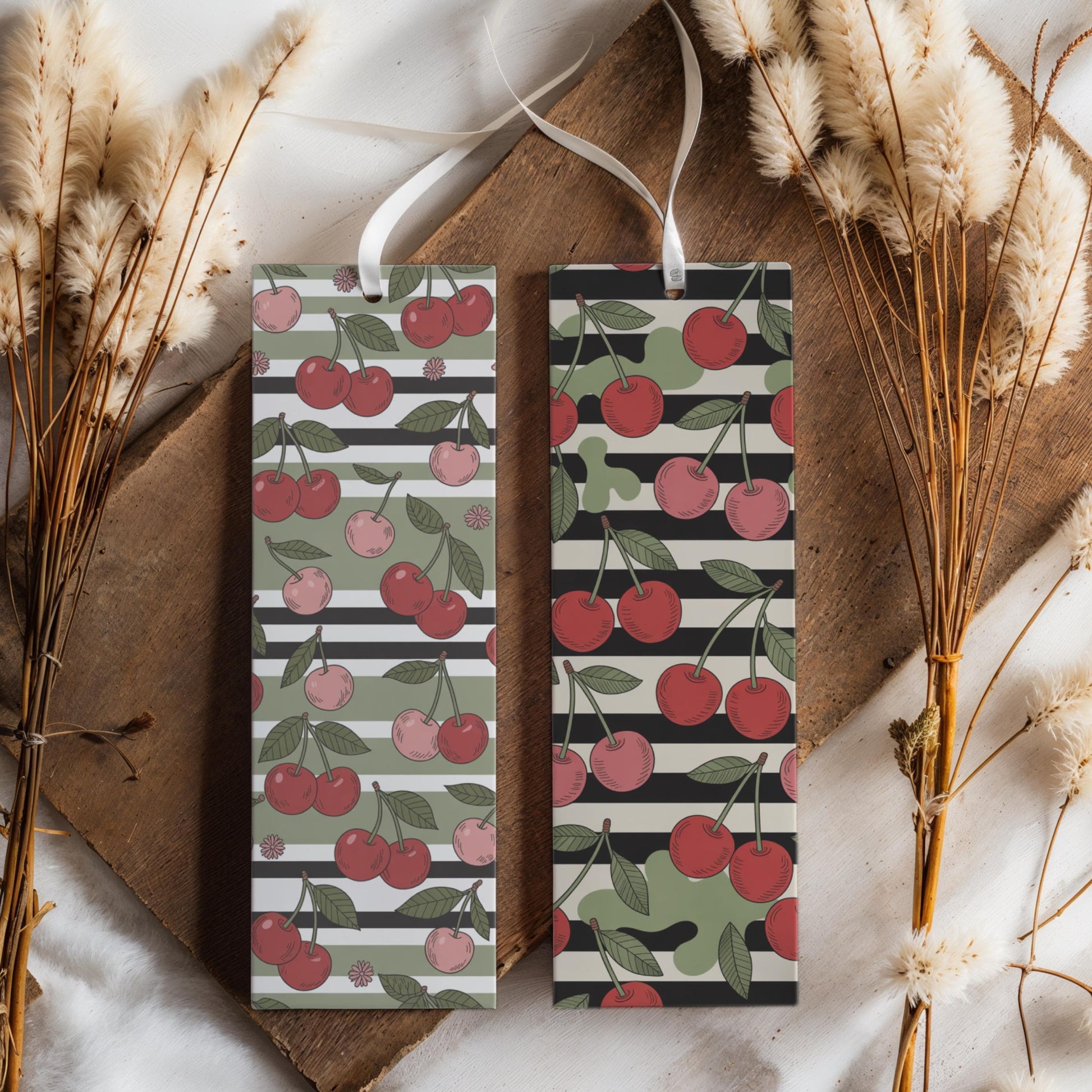 Cherry Pattern Bookmark Set, Cute Fruit Design, Gift for Book Lovers, Teacher Gift, Pink and Green