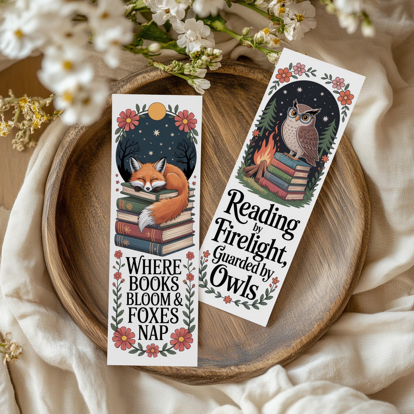 Fox and Owl Bookmarks, Floral Reading Accessories, Nature-Inspired Gifts for Readers, Set of 2