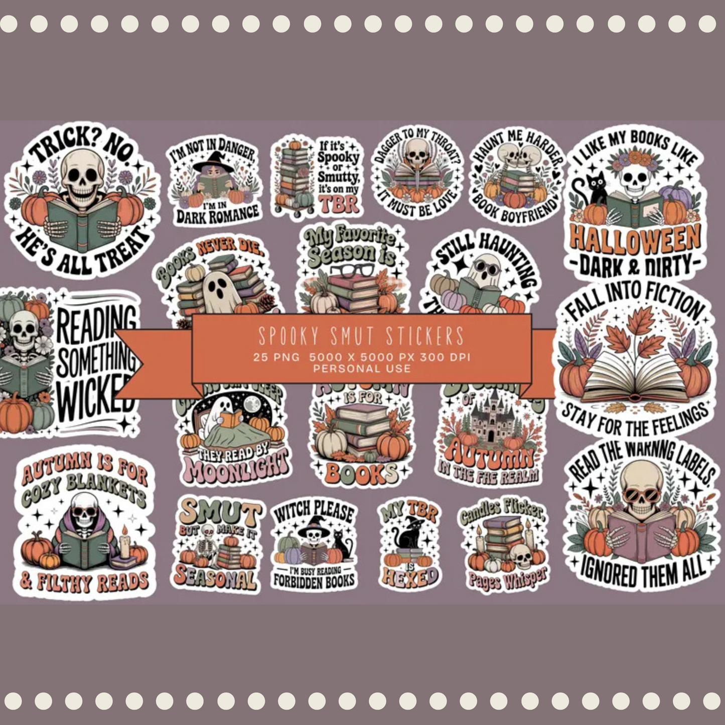 Spooky Halloween Sticker Pack, Witch Pumpkin Ghost, Cute Autumn Decals, Book Lover Gifts, 25 PNGs, 300 DPI