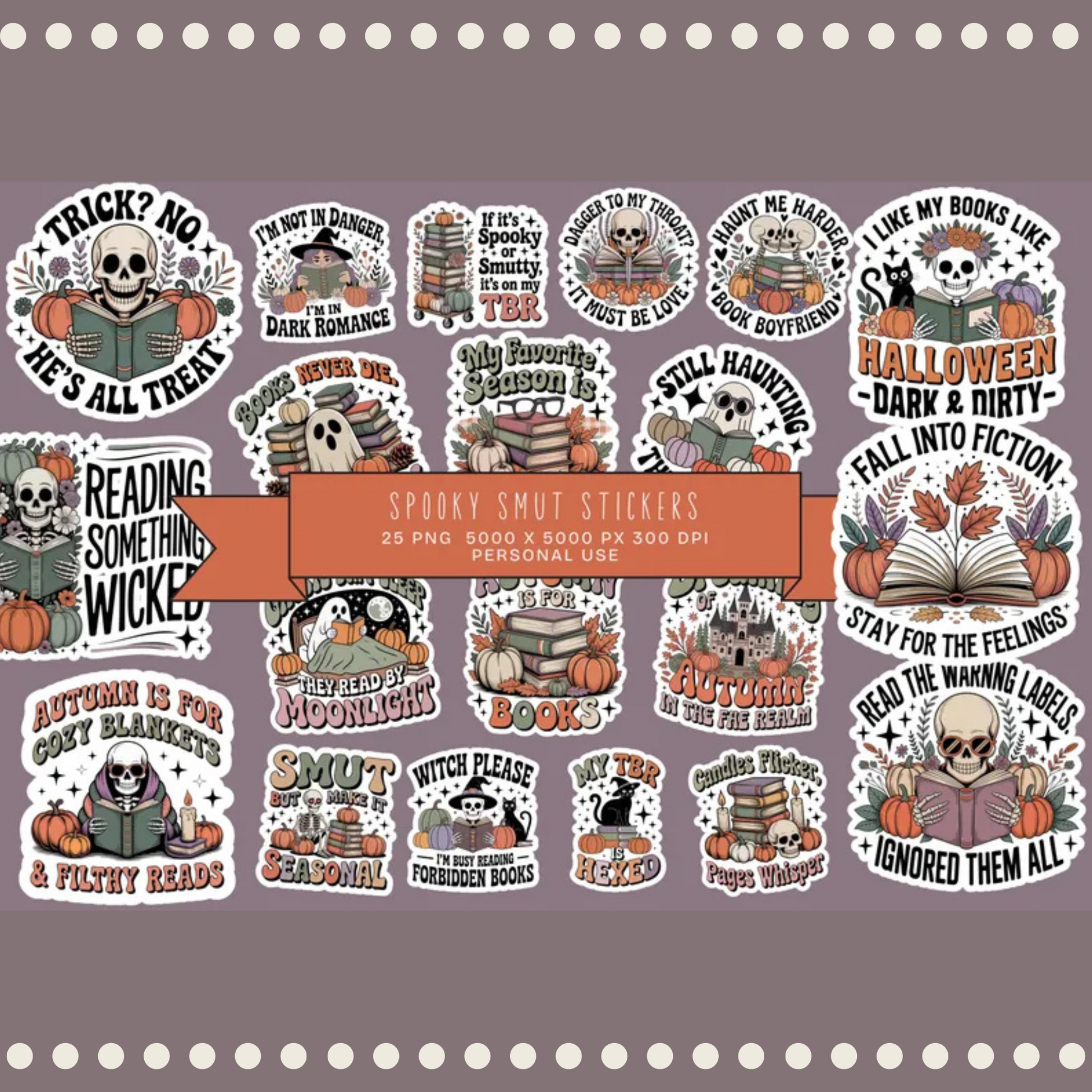 Spooky Halloween Sticker Pack, Witch Pumpkin Ghost, Cute Autumn Decals, Book Lover Gifts, 25 PNGs, 300 DPI