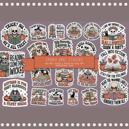 Spooky Halloween Sticker Pack, Witch Pumpkin Ghost, Cute Autumn Decals, Book Lover Gifts, 25 PNGs, 300 DPI
