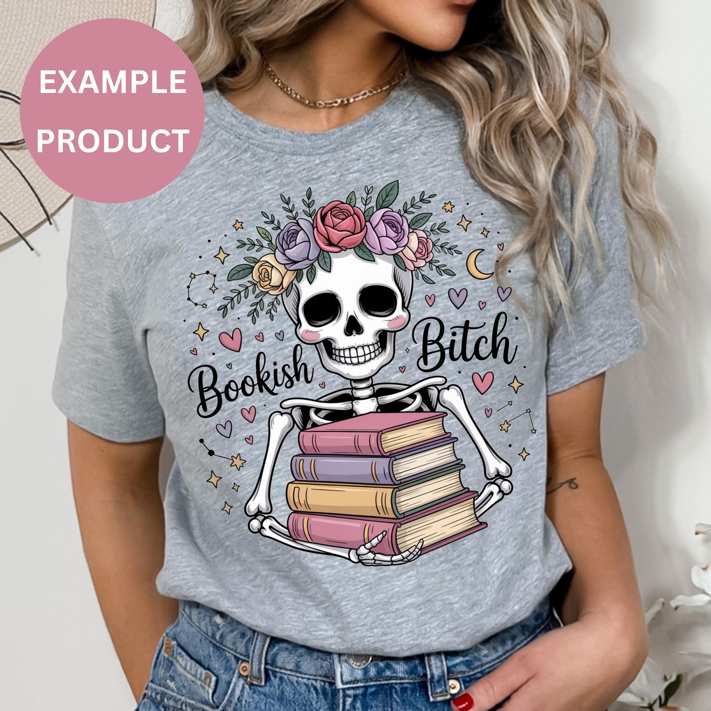 Bookish Bitch T-Shirt Skull Floral Graphic Women's Tee Casual Grey Top Vintage Style Book Lover Gift