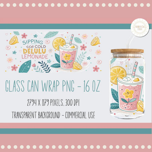 Lemonade Theme Glass Can Wrap Design, Summer Drink PNG, Digital Download, Commercial Use, 16 oz Jar Label, Transparent Background